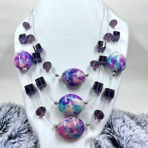 Floating Purple Tiered Glass Beaded 16“ Wire Necklace
